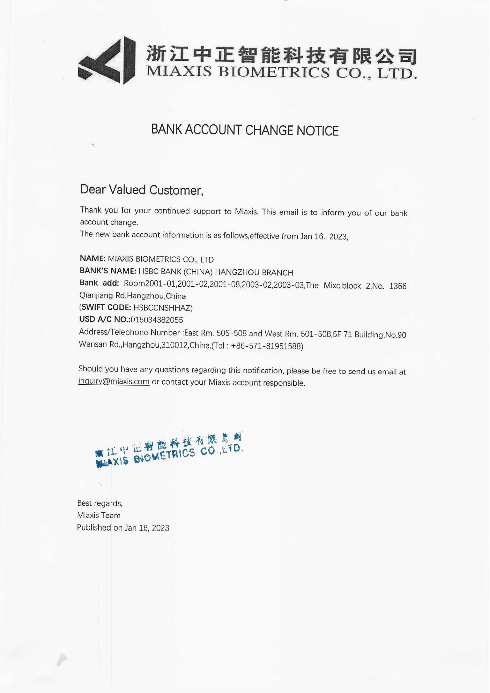 MIAXIS Bank Account Change Notice
